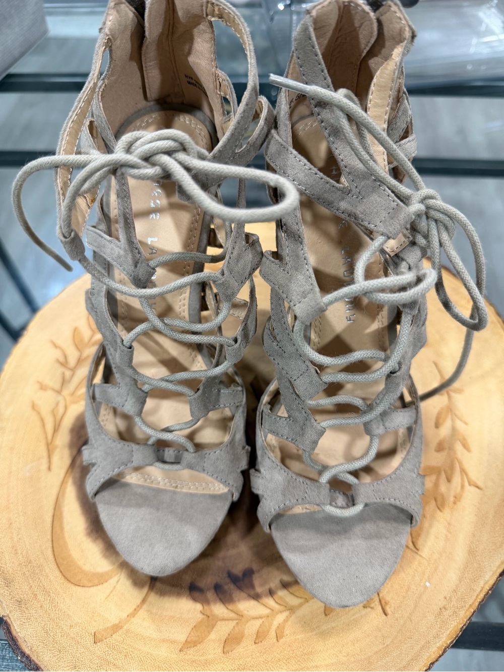 Chinese Laundry Taupe Suede Lace-Up Gladiator Heels